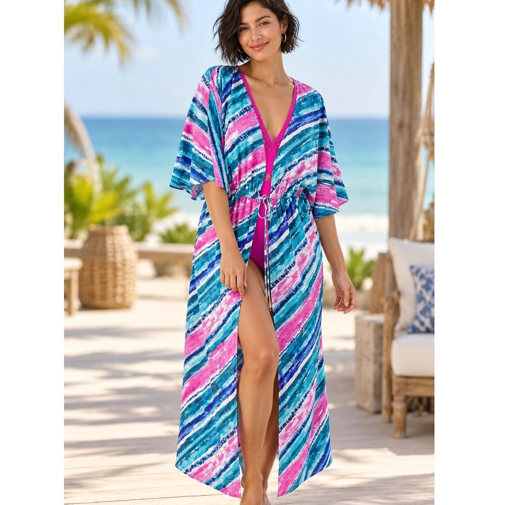 Belle Beach by Kim Gravel Satin Coverup Womens M/L Rainbow Stripe Long Kaftan